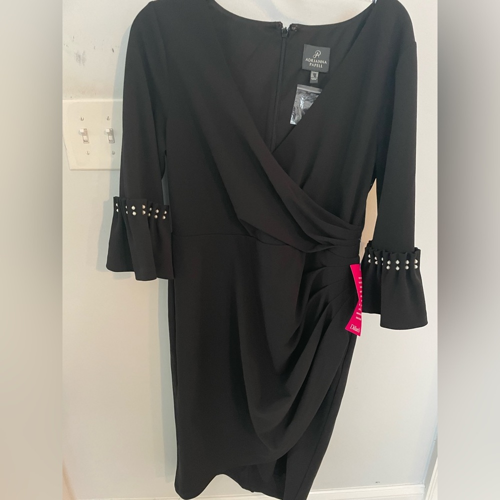 Adrianna Papell black faux wrap dress with pearl accents on the 3/4 sleeves